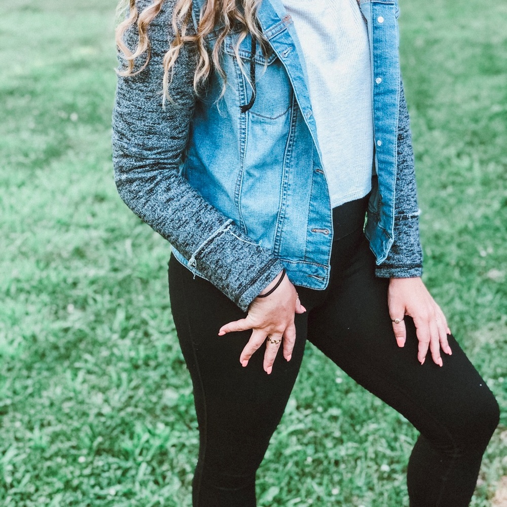 Denim Jacket with Sweatshirt Sleeves and Hood